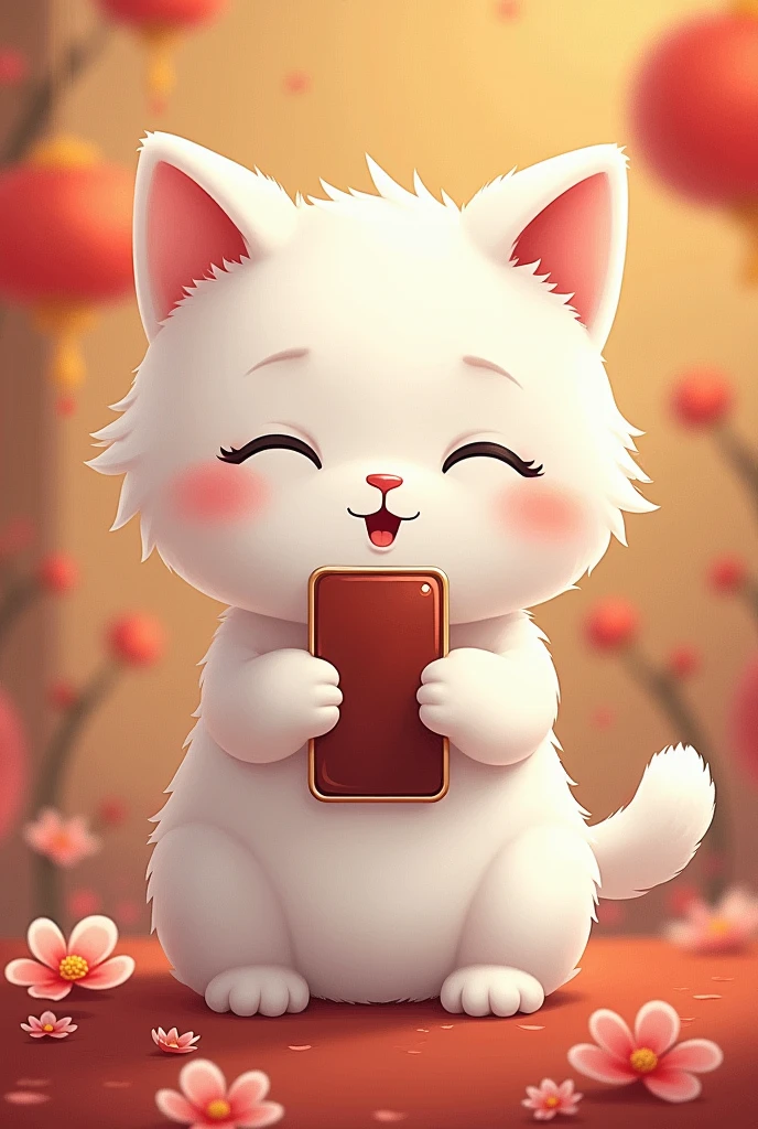 Lovely print presence,white cat holding mobile phone,sad expression,Cat holding mobile phone,Press Like on mobile phone,background chinese style,background magnet,