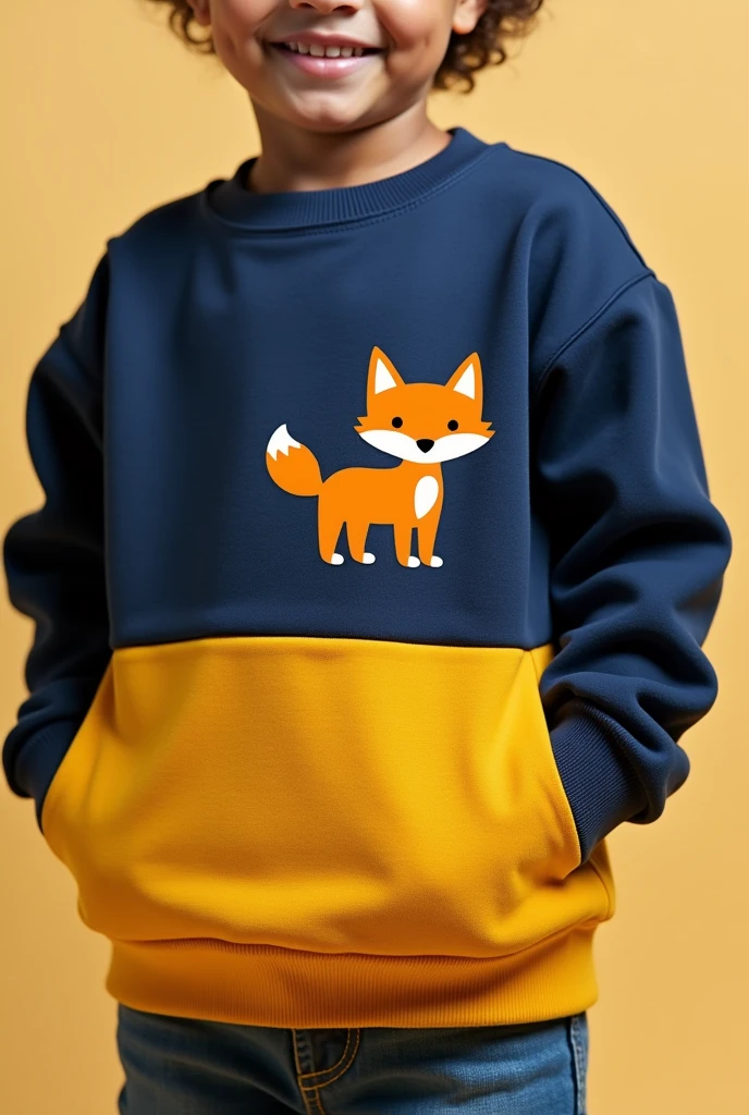 Create a trendy yellow hoodie and navy pants for kids from a preschool called Gadse , Cool Color in Bogota has a small orange fox as its logo