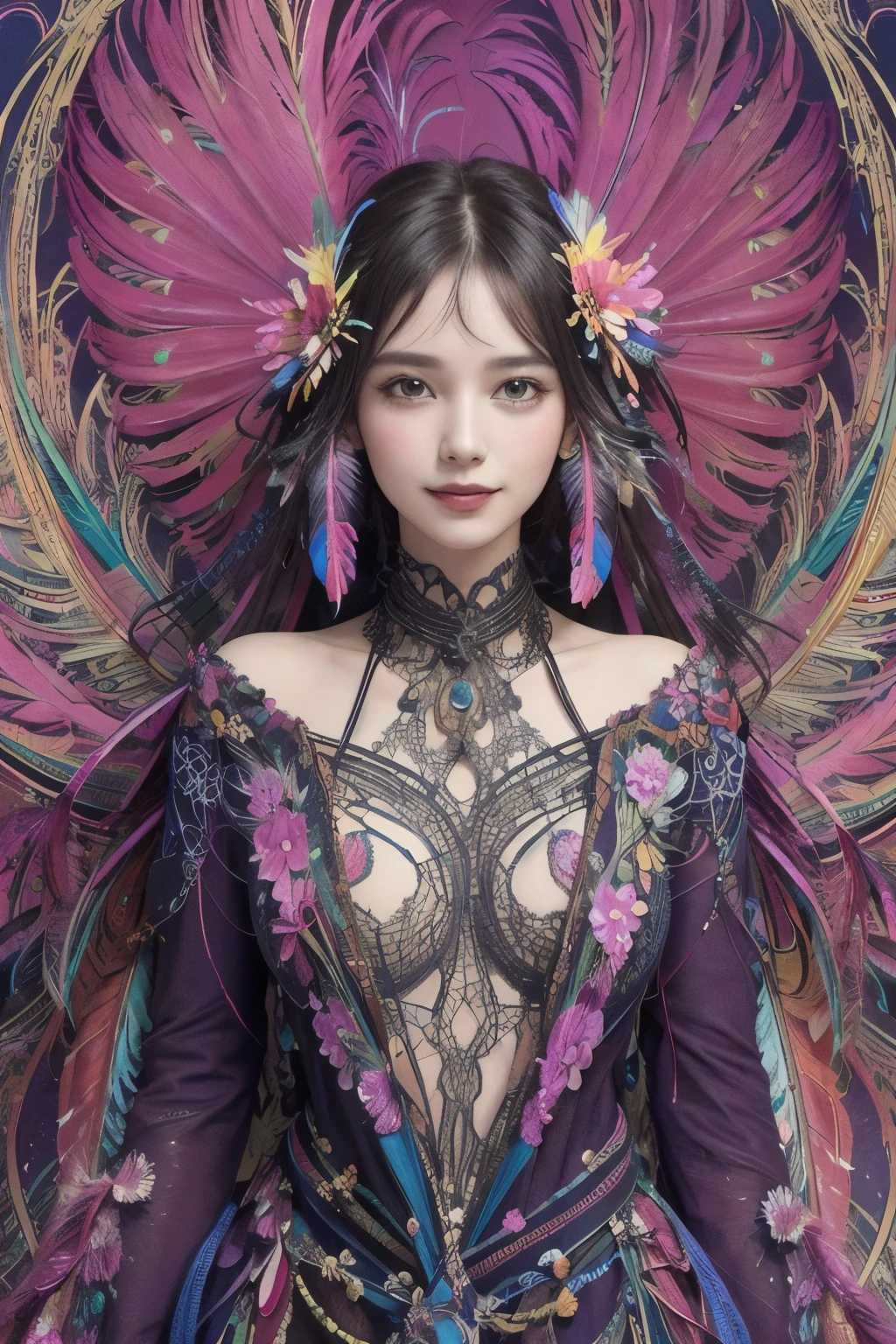 270 (20-year-old woman), (masterpiece, Highest quality, aesthetic:1.2), Very detailed, (Fractal Art:1.1), (colorful:1.1)(flower:1.3), (Tangled:1.2), whole body, (Abstract background:1.3), (Glowing Skin), (Many colors:1.4), (Archaic Smile), (feather:1.46)