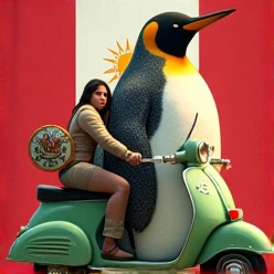 penguin with a golden star, woman on a green scooter with her sword and shield with the flag of Peru in the background
