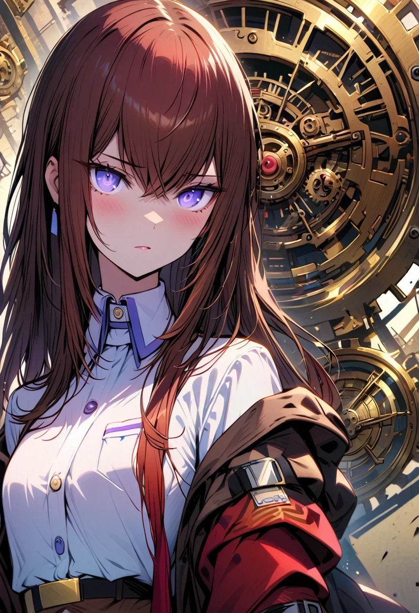 One girl, (makise kurisu, Steinsgate),Absurd、High resolution、Very detailed、(1 girl:1.3)、 Break typography、Lettering Art、calligraphy、Expression font、Visual Language、グラフィックdesign、Creative Communication Break Music Box Art、Complex mechanism、Melodic works、Nostalgic charm、Delicate craftsmanship、design,Clockwork Machine, and gear mechanism, Millefolio