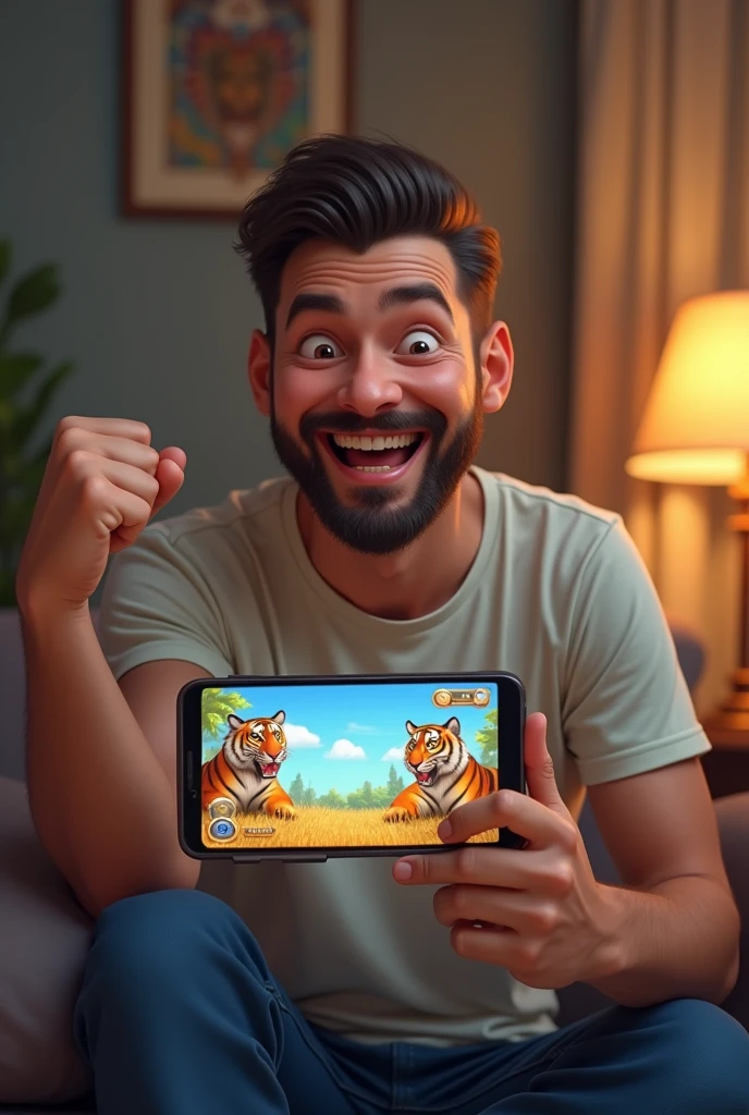 Man playing tiger game happy after winning on cell phone