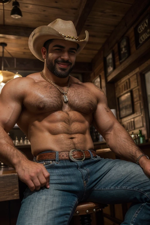 (((HdR))) ((( toma de espaldas, ))) handsome arabe man burly bodybuilder close up in tight studded jeans, strong muscular legs , with a green plaid shirt and cowboy hat, Ultra realistic masterpiece high detail 8k large belt buckle , Profile con joyería de oro y brazaletes fondo de estudio con bigote , smiling chain necklace chubby, Bear, (Profile), (25 years ) perfect eyes and hands ((( perfect face))) hairy chest, in the bar
