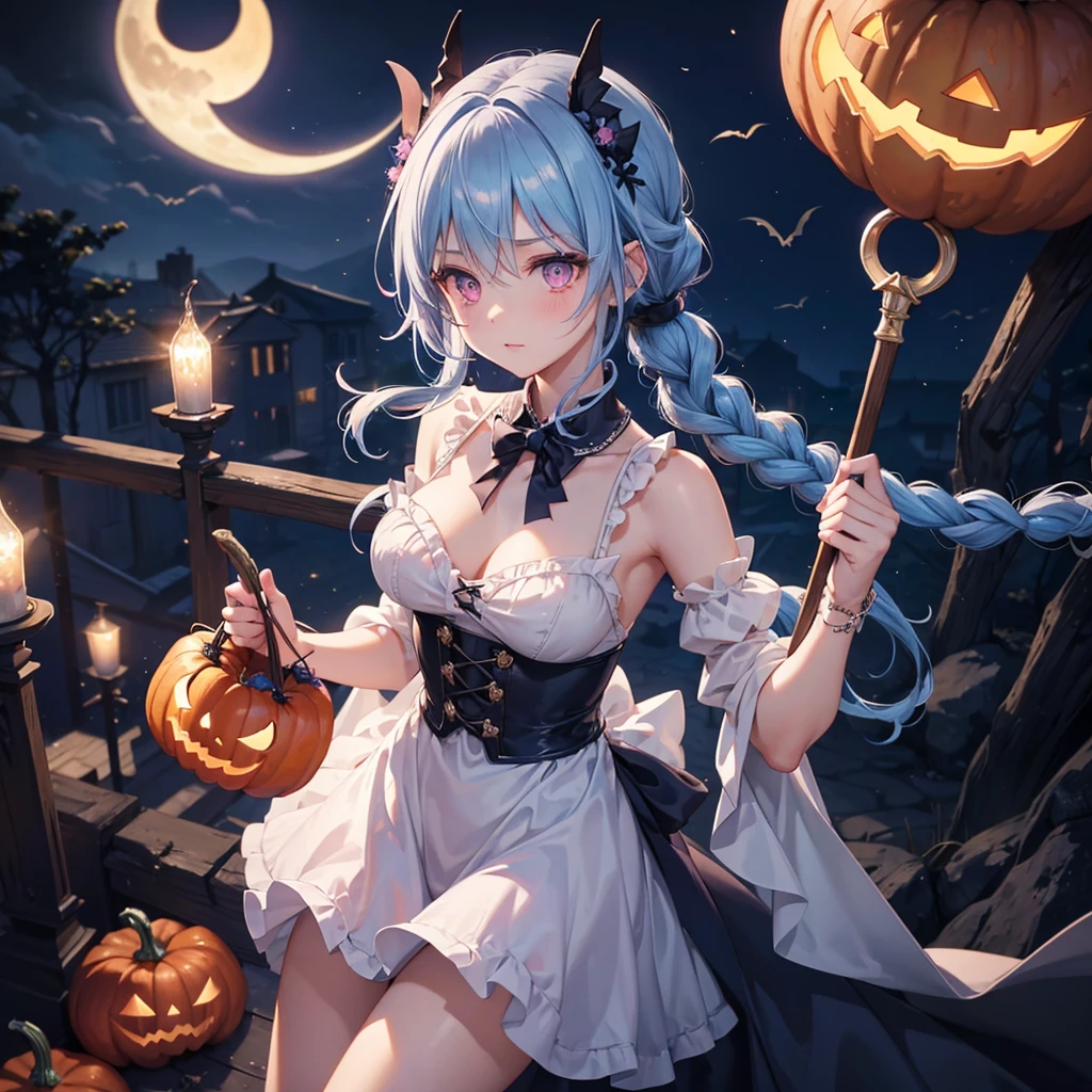 (Sky Blue Hair),(Braided medium hair), (Pink Eyes),Fair skin) ,(whole body),(One Girl),(Crescent Moon),(There are many pumpkin ghosts in the background),(Trick or Treat),Halloween Night Party),(masterpiece, Highest quality, Very detailed, Best Shadow), (Detailed Background), (Beautifully detailed face), High Contrast, (Best lighting, Very delicate and beautiful), ((Cinematic Light)), Hyper Detail,8k, Dramatic Light, Intricate details,Witch Clothes,Magic broom,night,Flying bats in the sky,