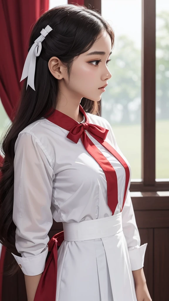 there is a woman in a white shirt with a red ribbon on her chest, nivanh chanthara, white ribbon, profile picture 1024px, only with red, thawan duchanee, red ribbon, wonderful masterpiece, jia, 18 years old, white red, peacefull, yuli ban, sakimi chan, wearing headmistress uniform