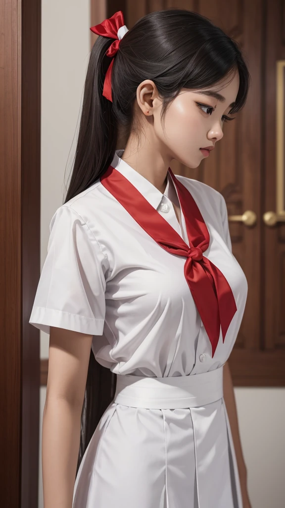 there is a woman in a white shirt with a red ribbon on her chest, nivanh chanthara, white ribbon, profile picture 1024px, only with red, thawan duchanee, red ribbon, wonderful masterpiece, jia, 18 years old, white red, peacefull, yuli ban, sakimi chan, wearing headmistress uniform