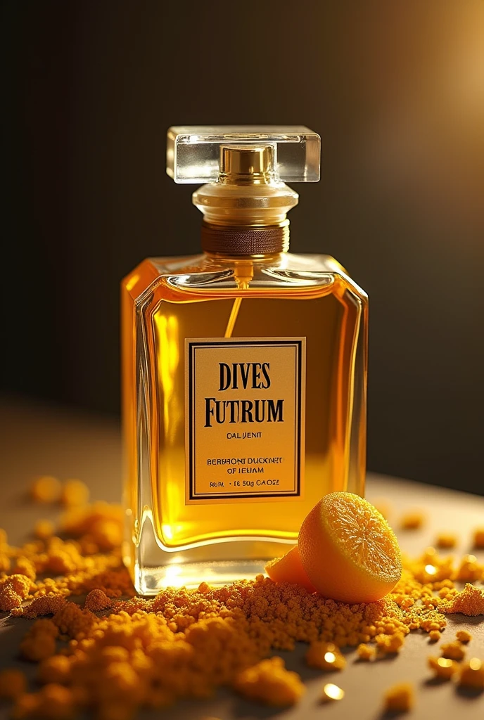Create me a from a perfume. In the background there must be a lemon, Vetiver, Sandalwood and vanilla. The scent is very fresh.  The perfume should ONLY have the inscription Dives Futurum without any further inscription.  The bottle should be black
