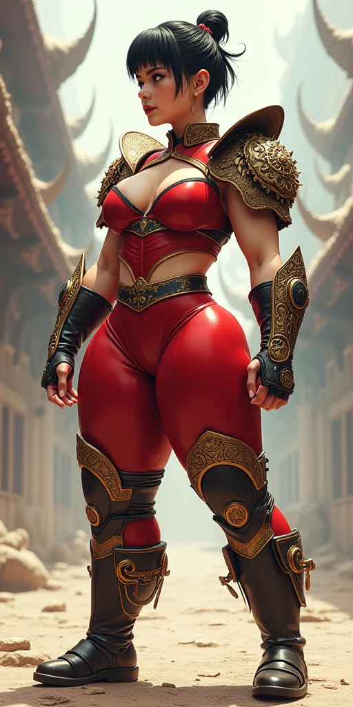 masterpiece, Very short hair fit Woman wearing armor chun li cosplay, Womanly, impossibly small tiny waist abs waistline, circumference of lower extremities far exceeds 80 inches hips, she has massively immense hip measurements, with the worlds largest buttocks, location random, intense detail, bold leggings, hyper realistic, A bottom-heavy, superior body part, voluptuous lower body, feminine figure, portraits, Reductionist form, mujercore, bold lines, in the style of Mike Campau, Iris Van Herpen, Howard Schatz, Russian-Western, an Inferior Physical Goddess