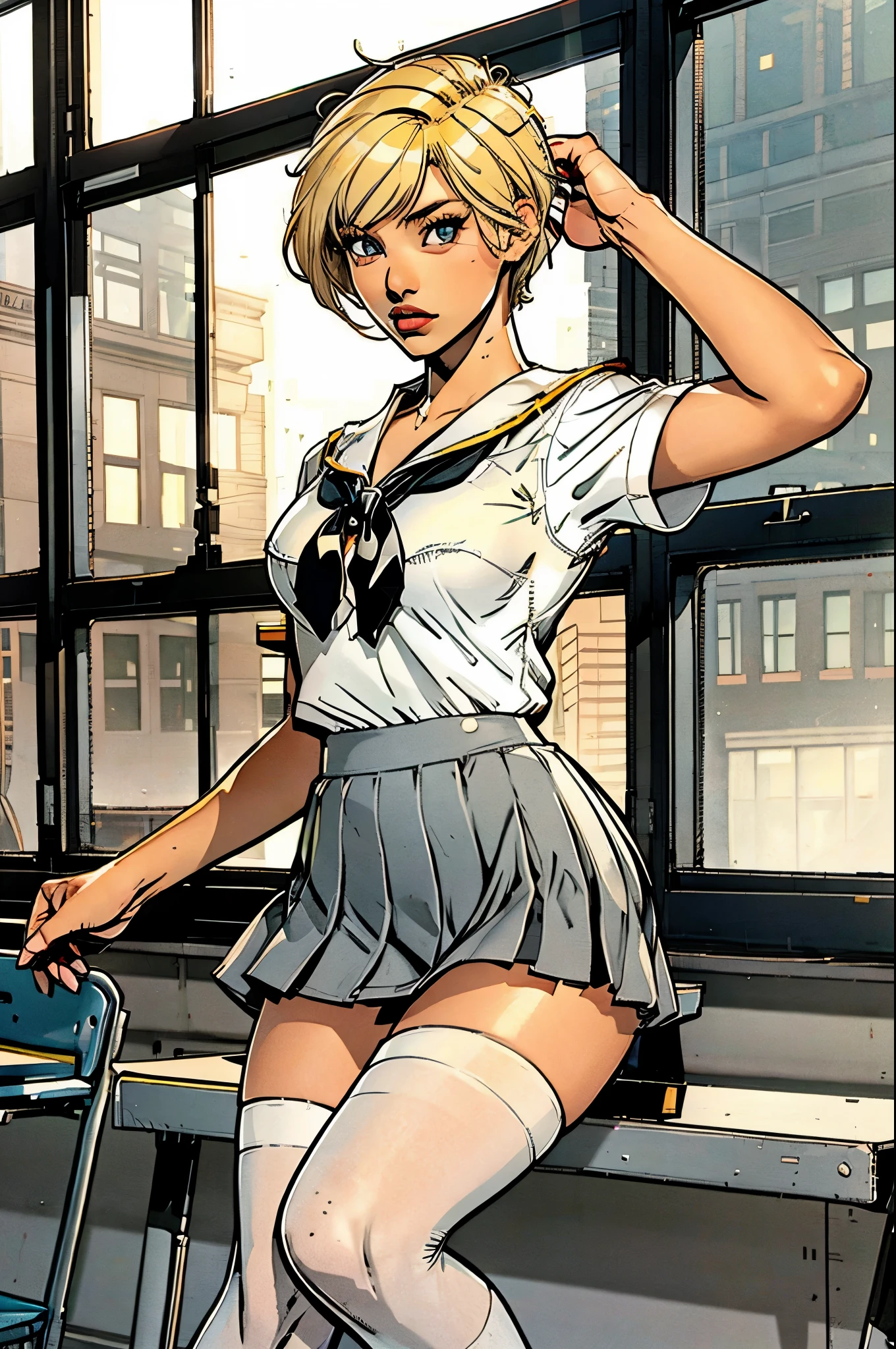 Dreaming highschool girl, watching in the window, seating in the class room, grey eyes, grey mini skirt, very short blond haircut, white school uniform blouse, black tie, perfect legs
