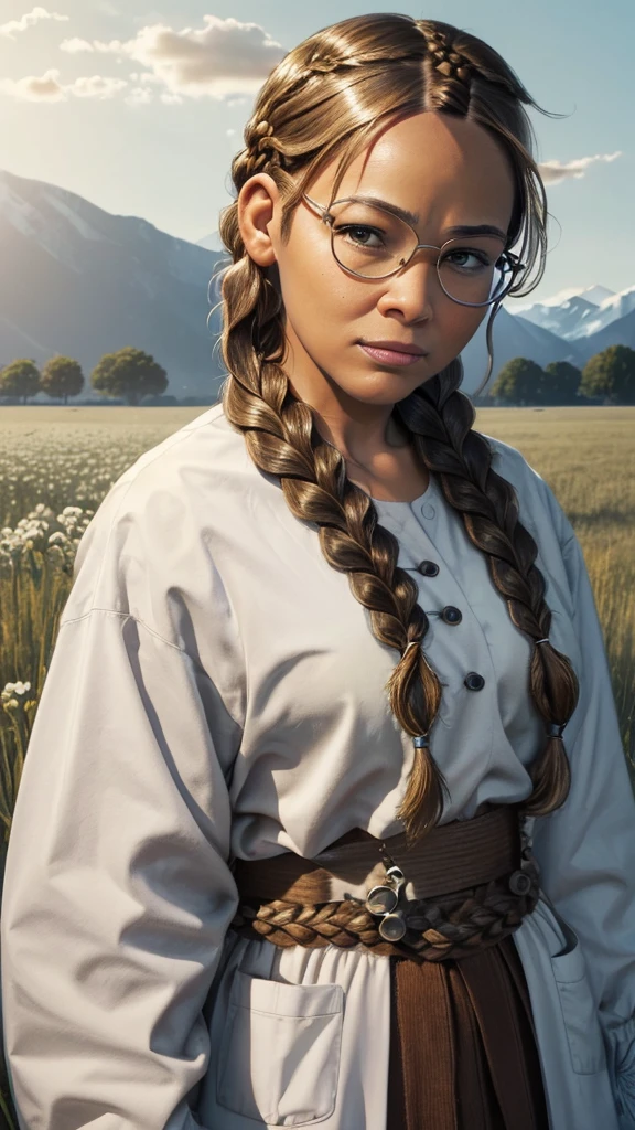 Movie Poster,Single,Most Real,Highest Resolution,Face Resolution,(((Braid Hairstyle: 1.5)),Science Fiction,Sci-Fi,Based on the movie Foundation,View from Front,Angry,Middle-aged Adults,40-Year-Old Women,Black One-Sided Hairstyle,Brown Eyes,(Reference to White Scientist Set :1.5),Filed in the middle of an open meadow with a breeze blowing,Top quality images