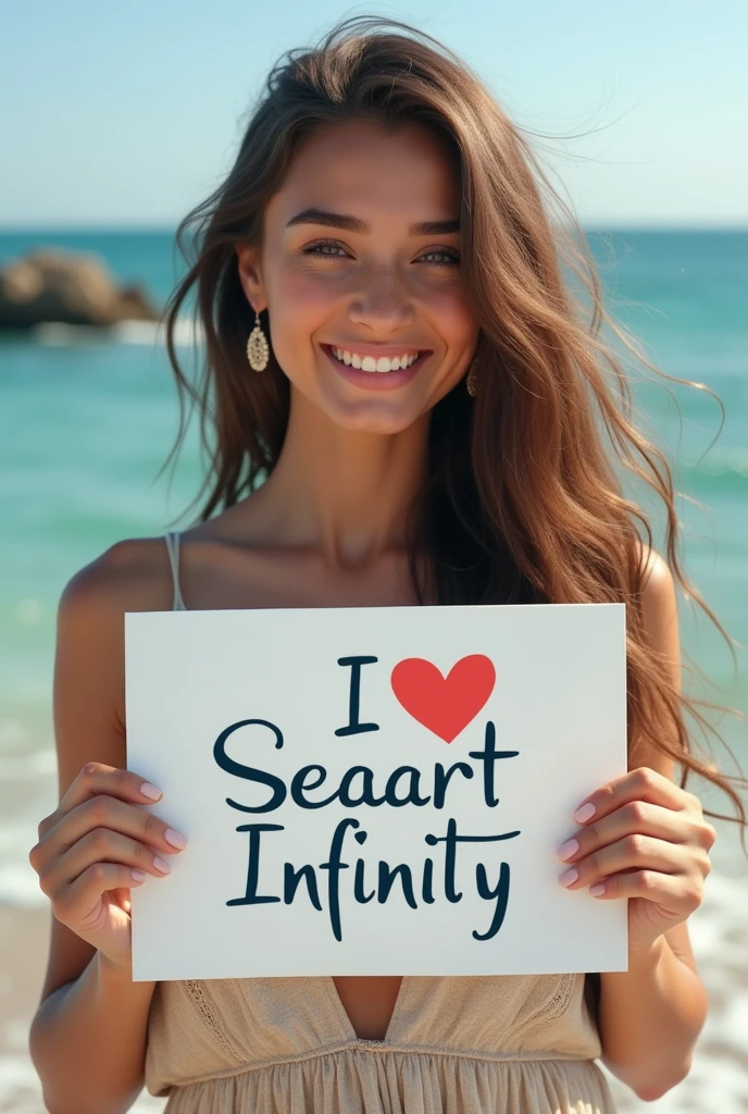Beautiful girl with wavy long hair, bohemian dress, holding a white board with text "I Love Seaart Infinity" and showing it to the viewer