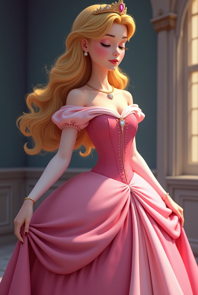 In her iconic dress, Sleeping Beauty, Princess Aurora, is portrayed in a regal gown of soft pink depending on the version. The dress features a fitted bodice with delicate puffed sleeves and a flowing, full skirt that swirls gracefully around her. Her golden blonde hair is styled in gentle waves, often with a tiara or simple crown. The gown's elegant design highlights her grace and beauty, embodying the classic fairy tale charm.