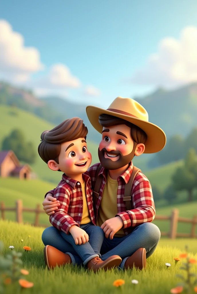 3D cartoon image of a country father and son sitting in a plaid shirt