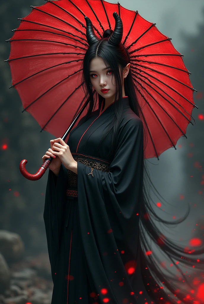a demon girl with a weapon umbrella long black hair red eyes black hanfu 
