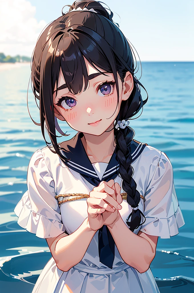 Highest quality、High resolution、Detailed Background、(beautiful face in every detail:1.4)、Anatomically correct、(Draw the normal number of fingers:1.2)、(Detailed facial expressions)、(Detailed eyes:1.2)、(Detailed eyes:1.2)、beautiful, Smooth Skin、Teenage Beauty、(Highly detailed face:1.4)、Cute hair colors、ponytail、Bobcut、Braided long hair、Wavy Hairstyle、well-groomed eyebrows、Cute Eye Makeup、Cute Lip Makeup、Short-sleeved white sailor suit、White sailor collar、Checkered Pleated Skirt、Jokingly、Do cute things、Sunny sea background、Walking barefoot on the sand、Big smile、sexual expression、Fits on one screen、

(友達と楽しんでいる3人のbeautiful女の子:1.5)