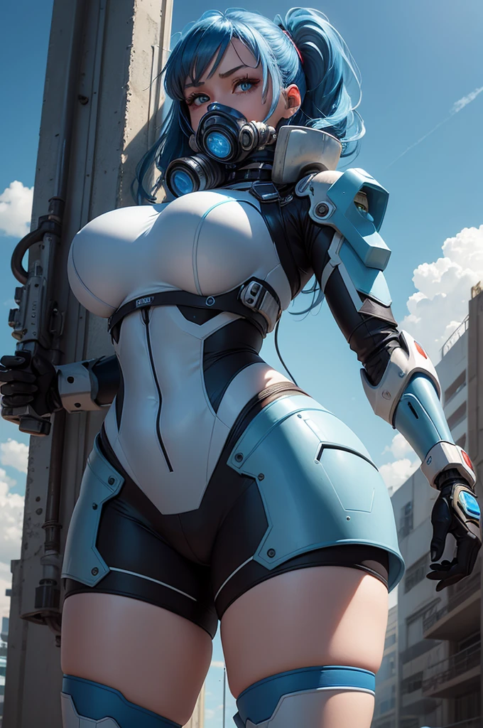 View from below angle from below girl mecha half cyborg, modifications, She has a curvy figure but a narrow waist., she has long blue hair, with blue eyes, with a gas mask on his face, cybernetic suit blue, costume parts with blue lights and LEDs, a multitude of glowing blue lines and lights, hands prosthetics, gorgeous body, short sports shorts that highlight her big wide hips, but it is covered by a mechanical suit, flat horizon photo, anime style pictures, на backgroundе изображения синее небо, clouds and lights and glare in large quantities, and also blue fog and smoke , background: blue sky with clouds