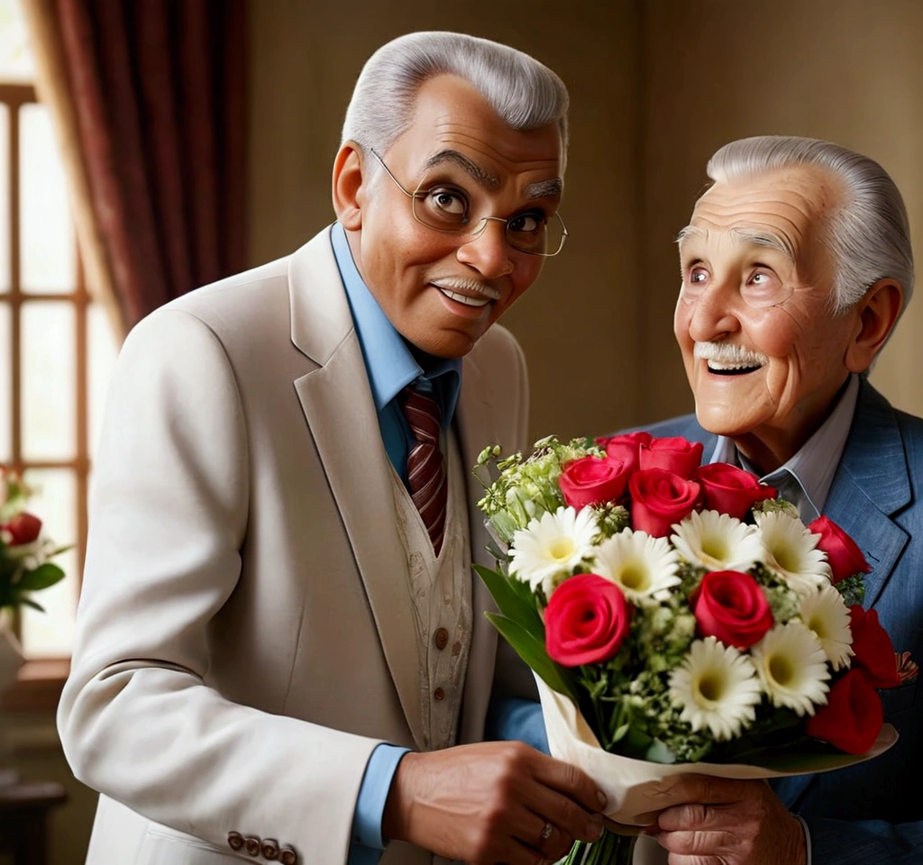 Image of Ali Giving the Bouquet to His Grandfather:

"Ali presenting a beautifully arranged flower bouquet to his elderly grandfather, who looks pleasantly surprised and joyful."