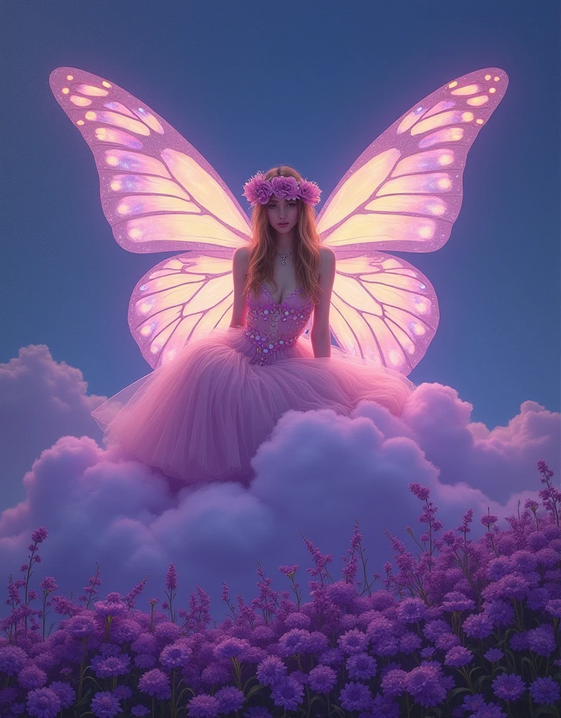 Oil painting on canvas《Summer Valley》,Etienne Adolphe Piaud, Etienne Adolphe Piot,English Pre-Raphaelite painter,Pre-Raphaelite Brotherhood, A woman in a glowing costume sitting on a purple cloud in front of a purple background,Her dress is made of translucent tulle,It is decorated with lights of various colors.,The whole presents a colorful effect,There is a pair of huge butterfly wings behind the woman,Also made of luminous material,radiating a soft,Wearing a flower on the head as decoration,Under her feet, a sea of purple flowers,The flowers look particularly beautiful in the night,dream,mystery,beauty,Aesthetic,Mainly realistic traditional style,The painting style is meticulous,Refreshing colors,HD,in the style of Pre-Raphaelite Brotherhood