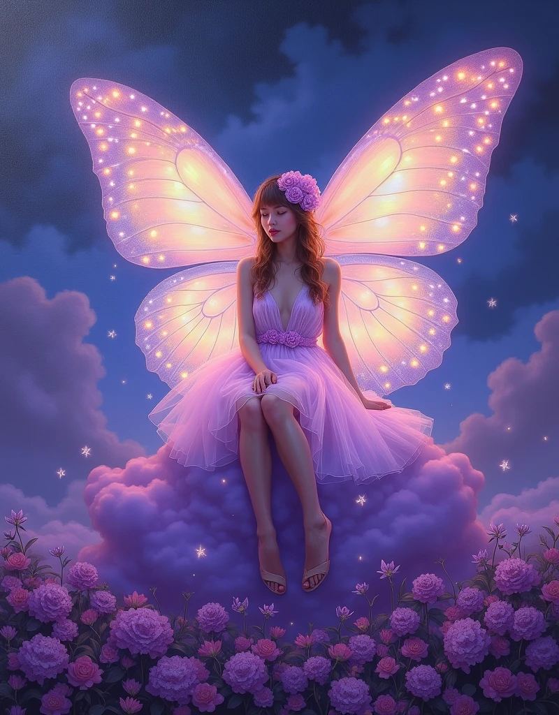 Oil painting on canvas《Summer Valley》，Etienne Adolphe Piaud, Etienne Adolphe Piot，English Pre-Raphaelite painter，Pre-Raphaelite Brotherhood, A woman in a glowing costume sitting on a purple cloud in front of a purple background，Her dress is made of translucent tulle，It is decorated with lights of various colors.，The whole presents a colorful effect，There is a pair of huge butterfly wings behind the woman，Also made of luminous material，radiating a soft，Wearing a flower on the head as decoration，Under her feet, a sea of purple flowers，The flowers look particularly beautiful in the night，dream，mystery,beauty,Aesthetic，Mainly realistic traditional style，The painting style is meticulous，Refreshing colors，HD，in the style of Pre-Raphaelite Brotherhood