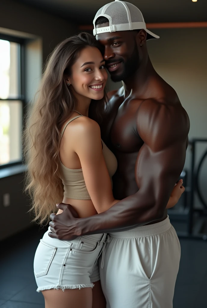 "Create a photorealistic image of a smiling young woman with long hair, new, being hugged by a muscular black man wearing white shorts and a white lace cap. The scene takes place in a gym environment.", 8k
