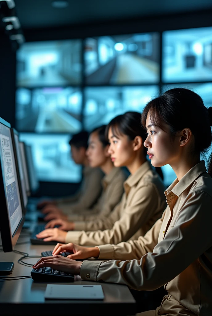 A video from a private security company where four monitors are checking video surveillance and giving orders by radio to condominium guards. There must be eight active computers. The staff must be wearing beige uniforms.