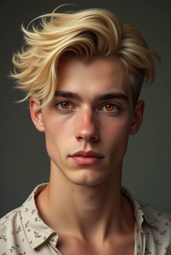 Create a realistic image of a young, manly, white-skinned twink man, blonde hair and red eyes.