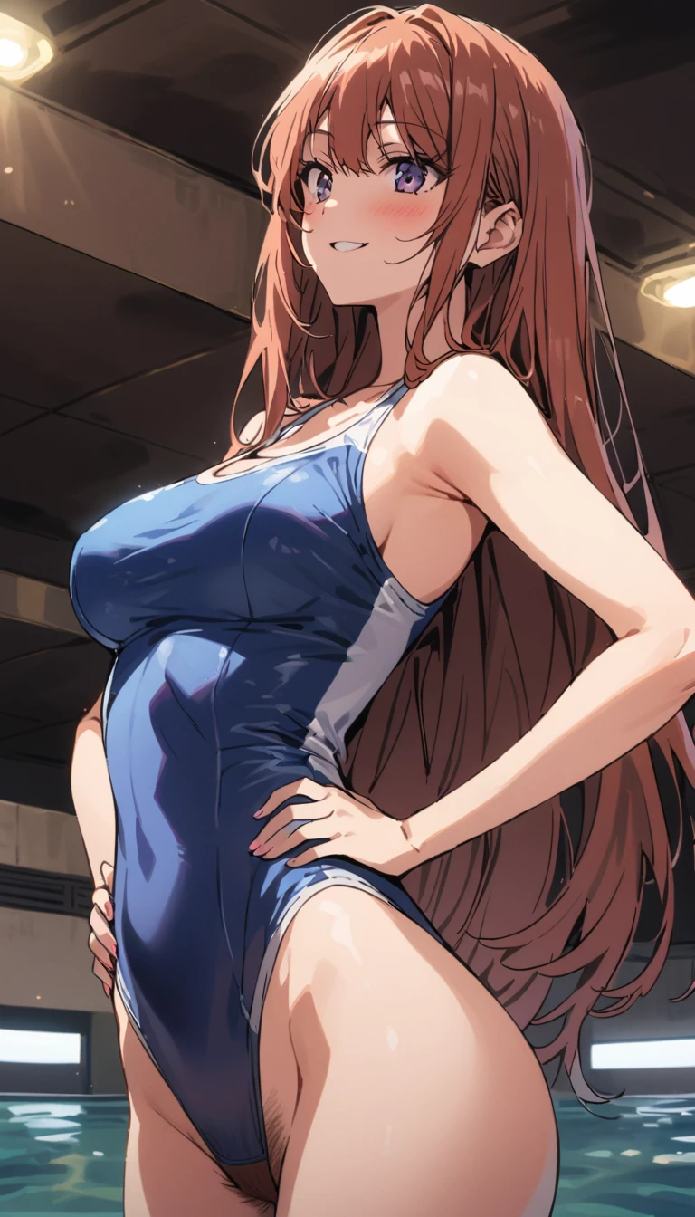 beauty　smile　blush　High leg competitive swimsuit　tits　Female organ　濃いPubic hair sticking out　Pubic hair sticking out　Half naked　Underarm　Proudly　Hands on hips　Indoor swimming pool　Shooting from below
