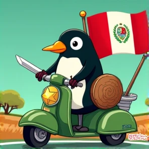 penguin with a golden star on a green scooter with his sword and shield with the flag of Peru in the background