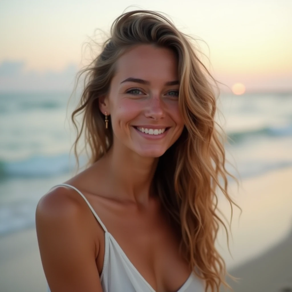 A beautiful girl,European and American,Facing the camera,Half-length photo,Background is the beach,noon