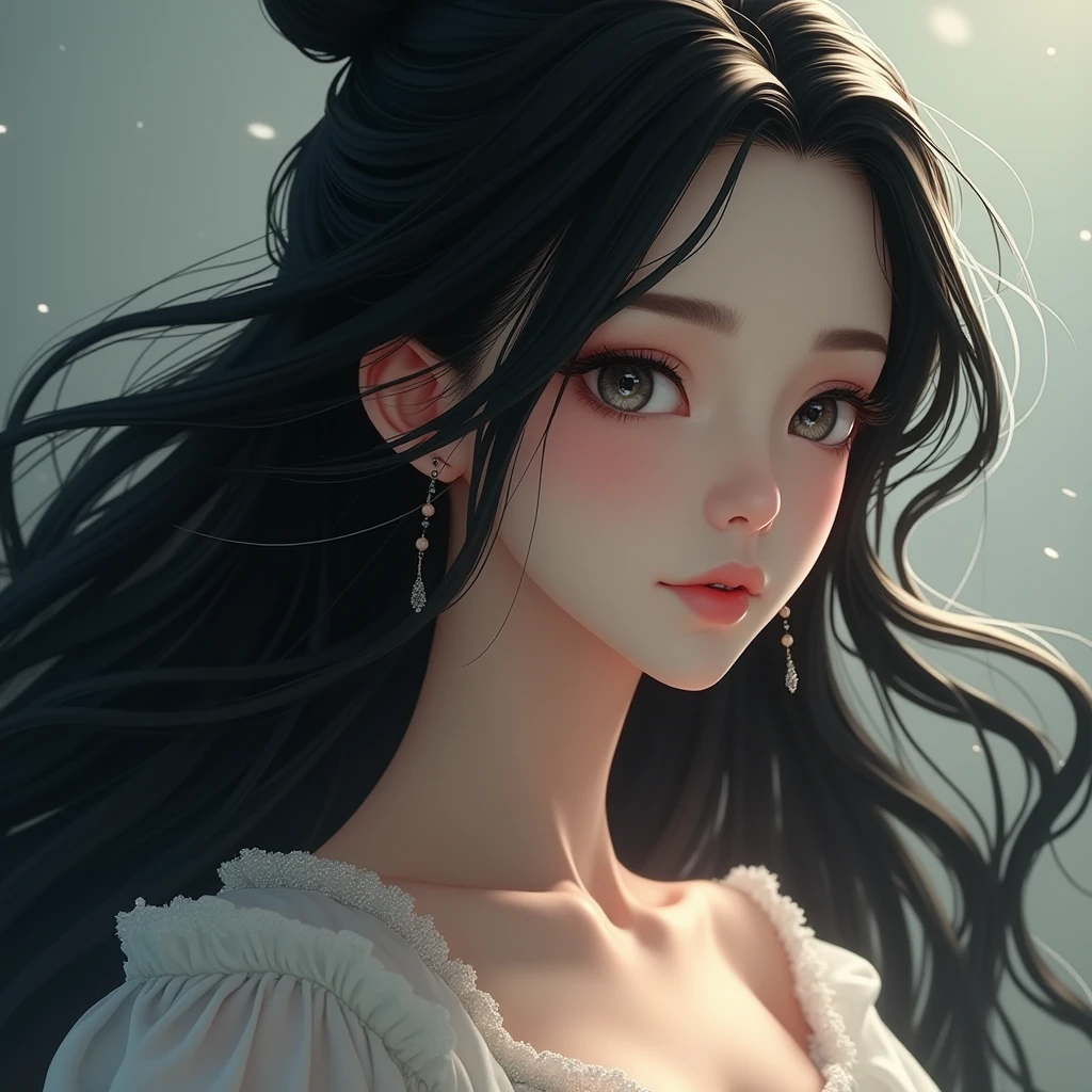 1 Girl,Long hair，Black hair， masterpiece, best quality, 8K, Delicate skin texture, Detailed fabric texture, Delicate face, Intricate details, Extremely detailed, Dark Princess Wind, Upper Body