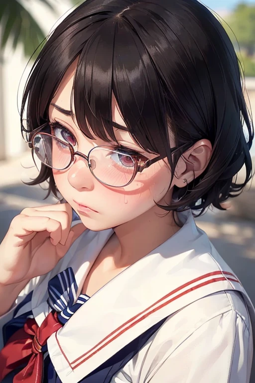 (masterpiece:1.2) , (best quality:1.2), (ultra-detailed:1.2),1girl,(embarrassed:1.4),(detailed beautiful face and eyes:1.2), (sweat),(upturned eyes:1.5),(upper body shot),(sailor suit:1.2),(glasses), black hair, (short hair:1.1), (blush)