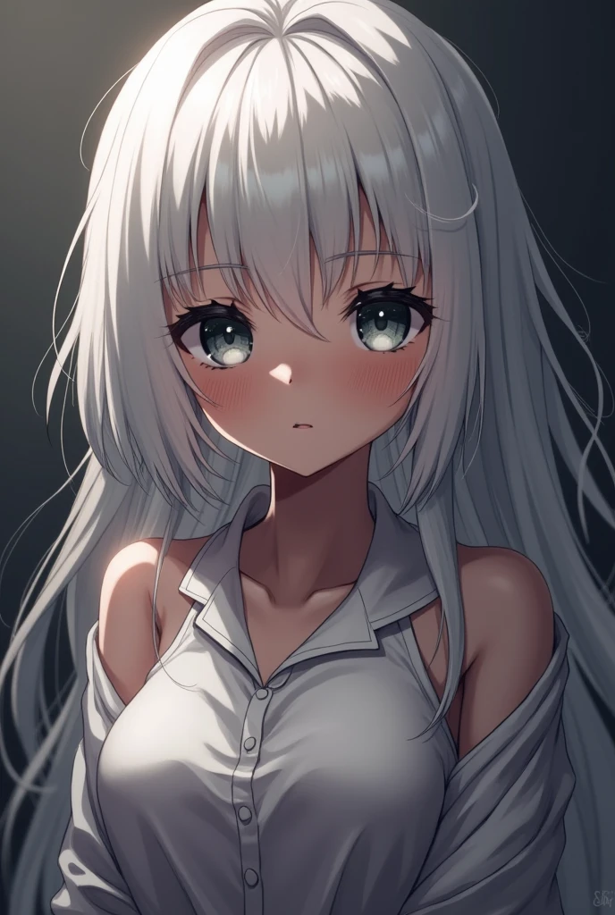 girl . dark skin. black eyes. fragile figure. white straight hair. height 173. anime reskin style.