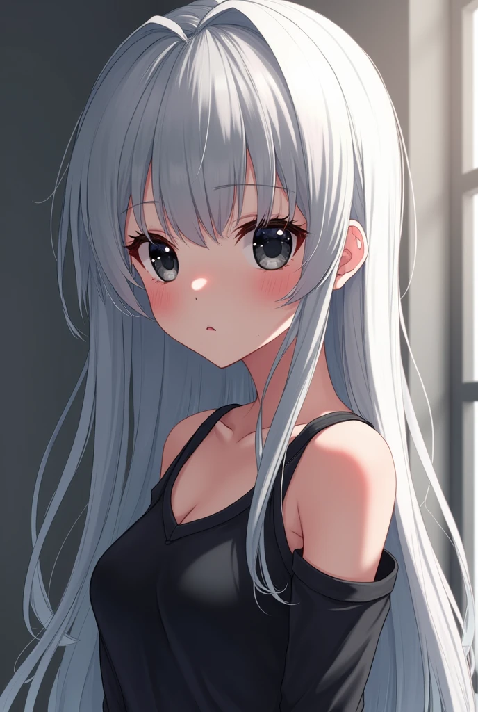 girl . dark skin.  black eyes. fragile figure.  white straight hair. height 173. anime reskin style.