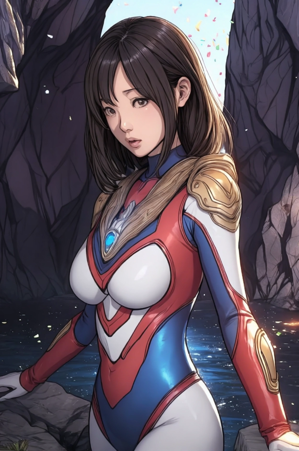 Highest quality, Official Art, masterpiece, Fabric Shading, High resolution, Very detailed, colorful, Best details, Fantasy, suit, Yui Takamura:1.9, 1 female, Age 25, Highest quality, Official Art, masterpiece, Fabric Shading, High resolution, Very detailed, colorful, Best details, Fantasy, battle suit,1 female, 28 years old, Standing on the stairs,A castle town with an old castle, sunny,Choppy Hair, Large Breasts, skinny,Surrounded by many people:1.9、Confetti falling、Blessed、welcome:1.5、Camel Toe:1.3, Ground level shot:1.9, ultragirl, ultraman bodysuit