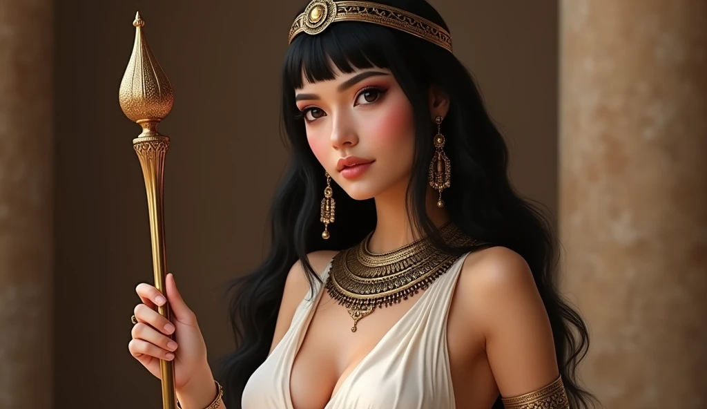 Cleopatra, Asian race, white skin，holding a scepter， plump breasts，Slim character figure, black hair,White skin, sexy, Plump breasts, best quality, hd, 16k, highres, super resolution