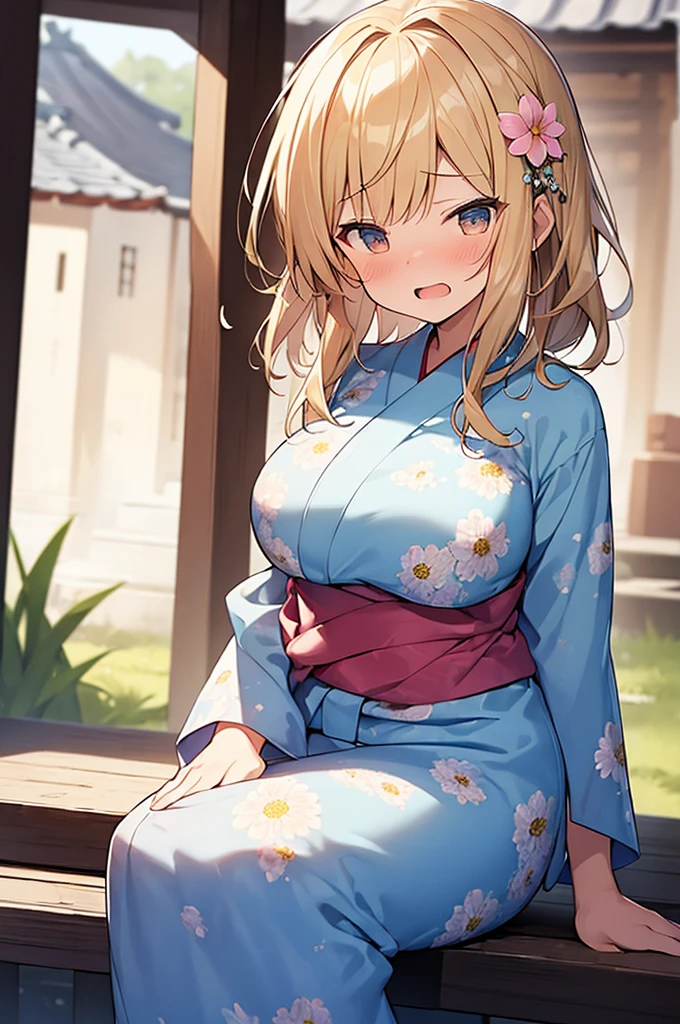 (Masterpiece, Top quality:1.5), (from front:1.2), 1 beautiful girl, solo, sitting, Blonde, medium Hair, wavy Hair, asymmetry bangs, swept bangs, airy hair, large breasts:1.4, 16 year old, (flower printed yukata :1.3), angry:1.2, (flustered:1.3), beautiful scene of narrow Alley, blurry background, magnificent panorama view, blurry background, open mouth