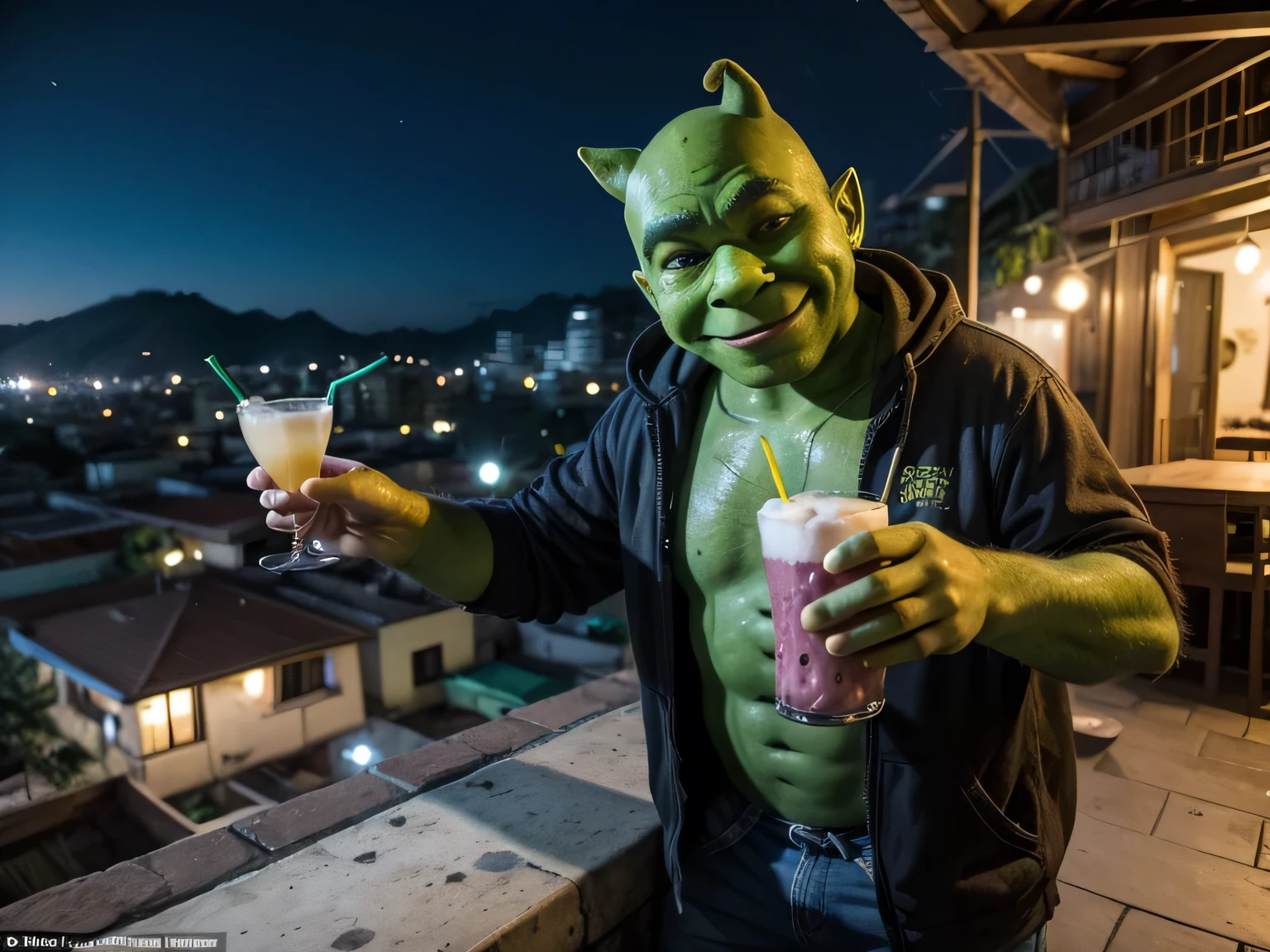 Create the character Shrek dressed as a homeless person, partying and celebrating with luxurious drinks in a favela in the Brazilian night
