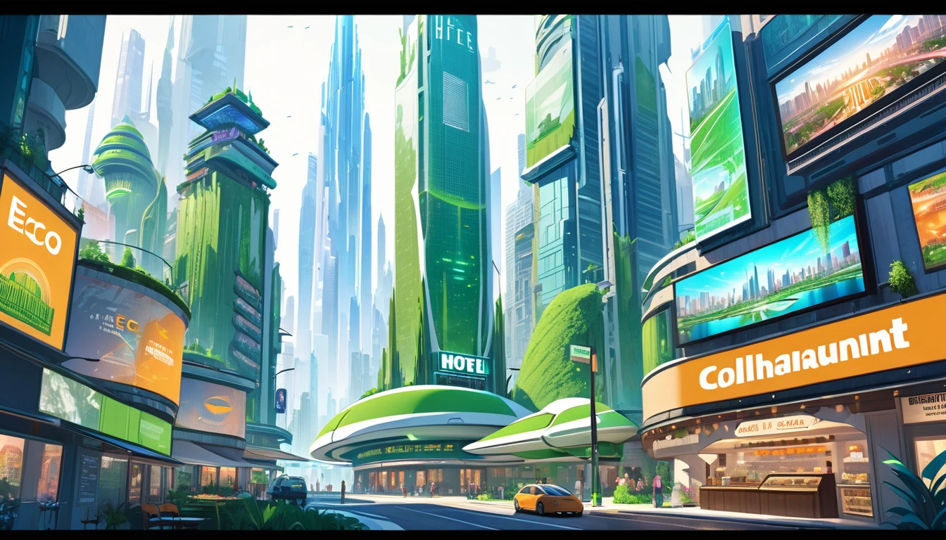 Hotel in the heights, colhante restaurant in Ecofuturist City, futuristic city, Big city full of skyscrapers and holographic screens., Advertising posters, eco City, green City.