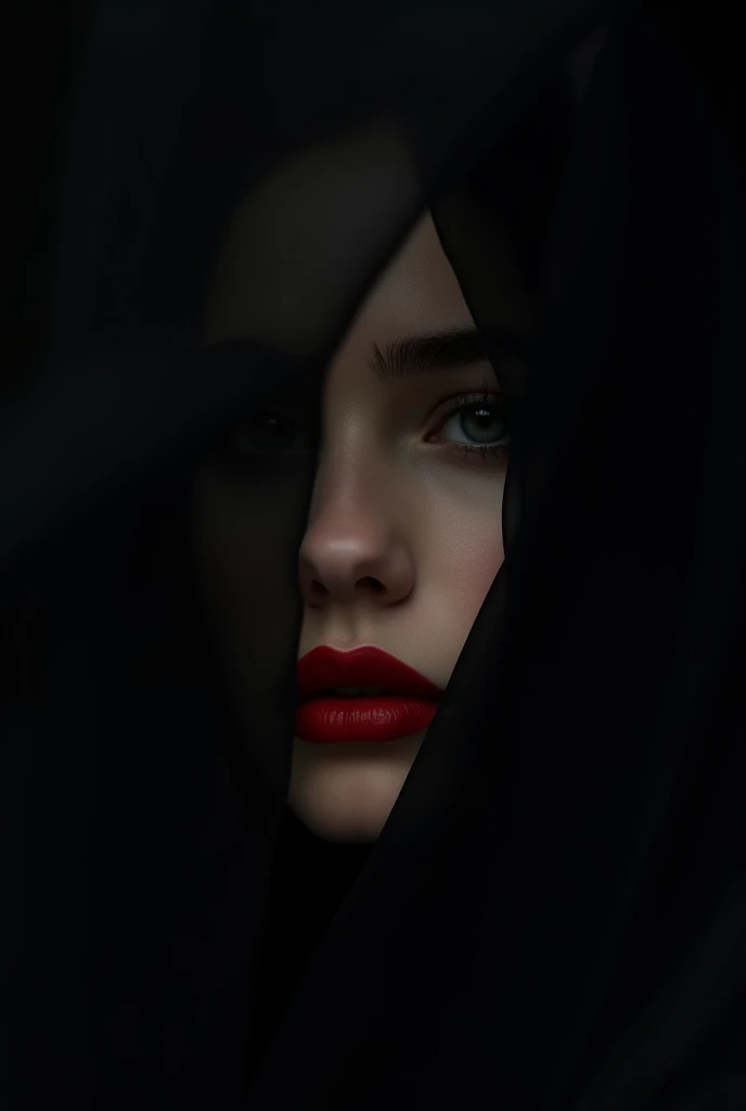 .In this masterpiece of photography, captured by a Fujifilm camera, a minimalist black background serves as the canvas for an exquisite portrait. The woman's face emerges, partially obscured by flowing fabric, creating an enigmatic and mysterious atmosphere. Sharp red lipstick accentuates her lips, adding a striking contrast against the dark tones of the composition. With ultra-realistic precision, every detail is rendered in insanely high resolution, making the image come alive in 8K HDR. The subtle gradient backdrop enhances the tranquil yet evocative aura, while the conceptual portraiture delves into the depths of perception. This stunning portrayal, enriched with a play on perception and visual metaphor, transports the viewer into a realm of surreal calm, where the beauty of minimalist abstraction meets the complexity of the human psyche.