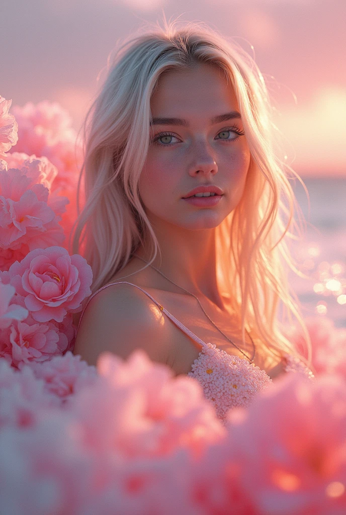 a portrait of a Surfer in the style vintage toy camera effect, holographic, iridiscent, crystal flowers in the background, pastel colors, soft focus, pink background, fantasy, pink flowers, telephoto lens 