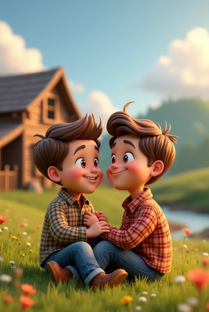 3D cartoon image of a country father and son sitting in a plaid shirt