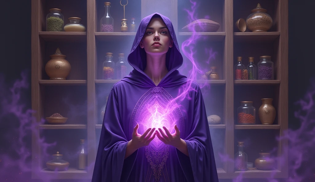woman with violet priestess cloak, from within his chest comes a great violet flame, convey depth, in the background a cupboard with various aromatic herbs,