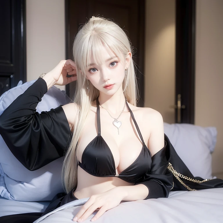 (Highest quality)、((lean forward to emphasize the chest))、 1 girl、((Clothes and body fit well))、(Black Mask)、tight long dress、 Lightweight cardigan、 clavicle、Captivating smile、Snapshots of the city、Fashion magazine style、Street Fashion Magazines、stylish、Platinum Blonde Hair、Heart Necklace、(Very large breasts:1.3)