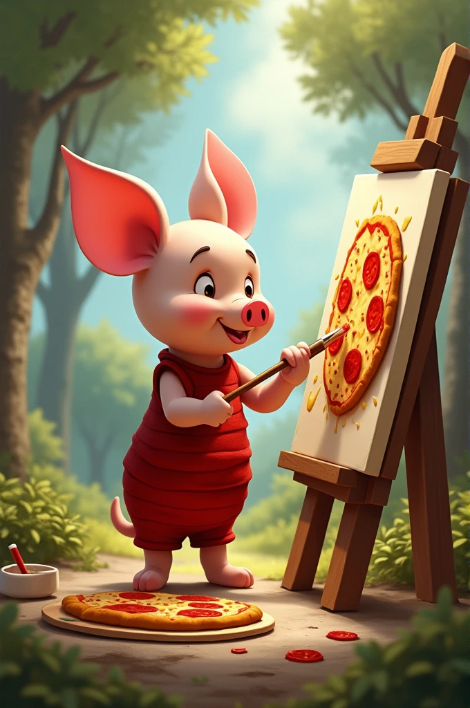 Disney. Piglet painting a pizza on a painting 