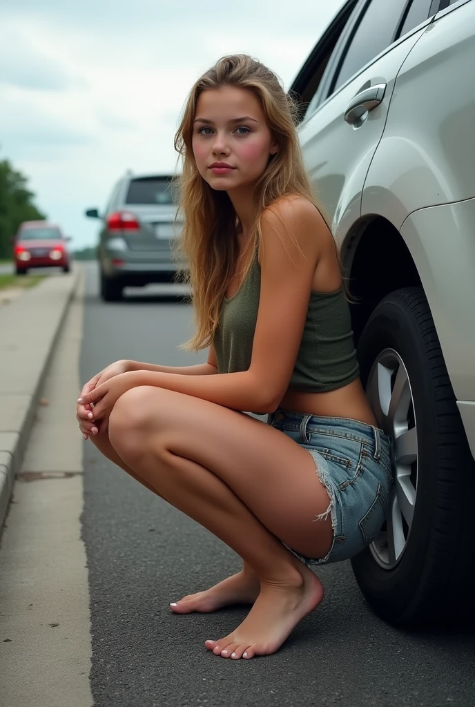 (A stopped her parent’s car in from of traffic) (Realistic) (peeing very urgently at side of the road of the freeway) (squatting down next to the open car door) (pee stain) pee dripping down her bare butt to the ground