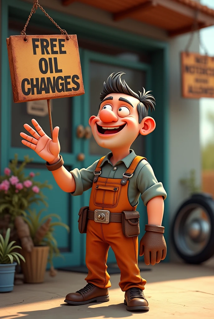 Animated man offering free oil changes for motorcycles only to the man without motorcycles

