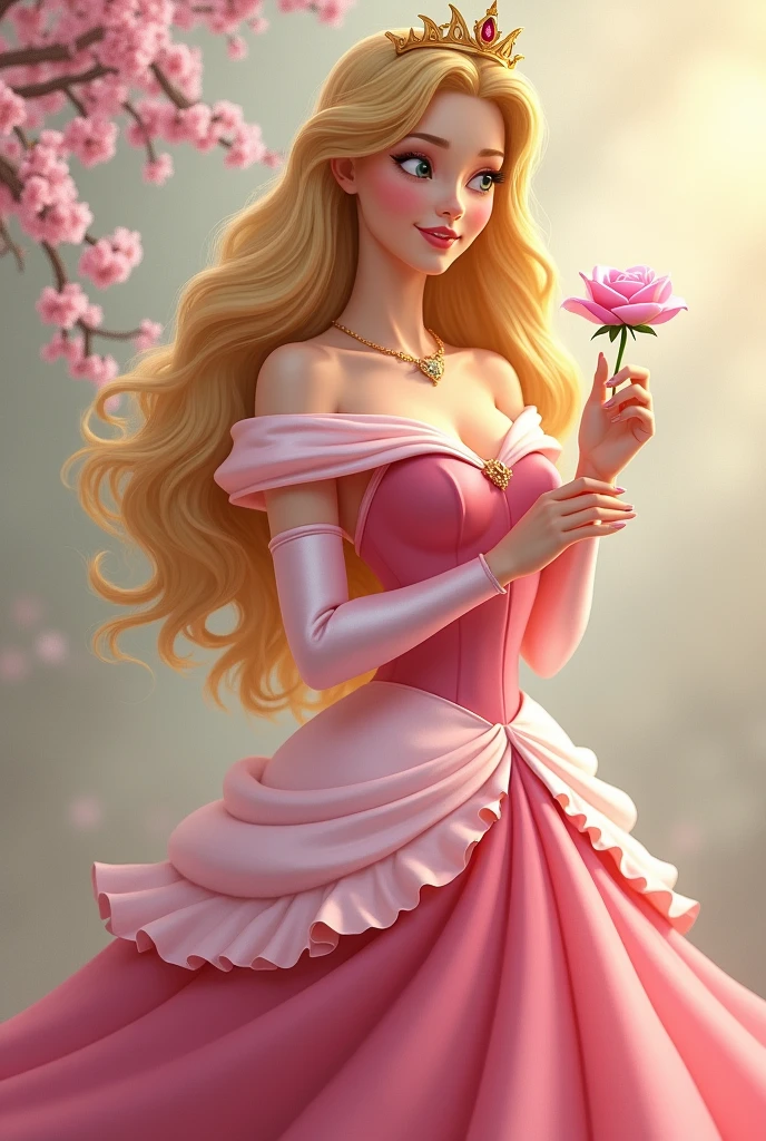 In her iconic dress, Sleeping Beauty, Princess Aurora is smiling looking at a flower. She is portrayed in a regal gown of soft pink depending on the version. The dress features a fitted bodice with delicate puffed sleeves and a flowing, full skirt that swirls gracefully around her. Her golden blonde hair is styled in gentle waves, often with a tiara or simple crown. The gown's elegant design highlights her grace and beauty, embodying the classic fairy tale charm.