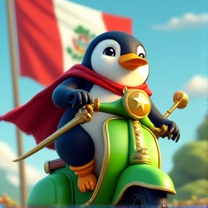 penguin with a golden star on a green scooter with his sword and shield with the flag of Peru in the background 