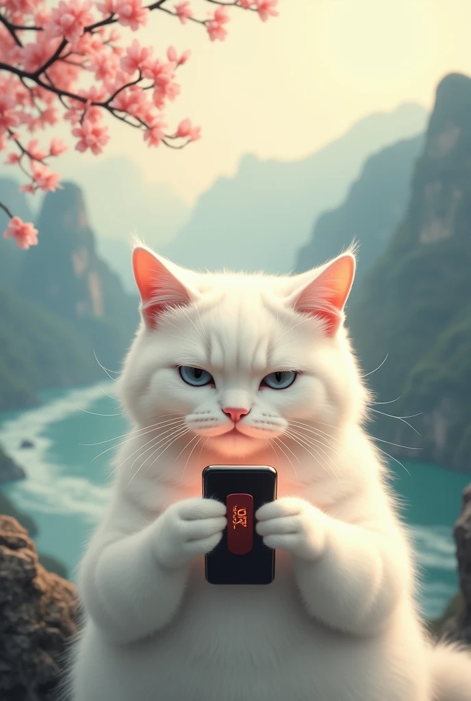 A white cat who loves to show off her presence,sad expression,Cat holding mobile phone,拿著Press love on mobile phone,Press love on mobile phone,background chinese style,Mountains and rivers