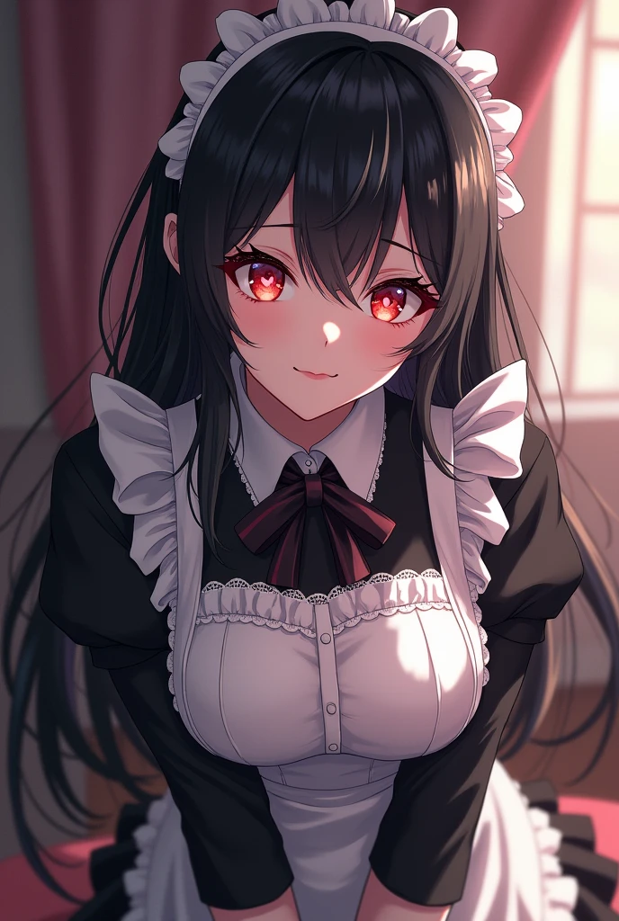 Draw Anime Style Adult Girl, maid outfit, Bblack hair,long hair,black bangs, perfect hands, perfect toes, heart pupils, with an obsessive look